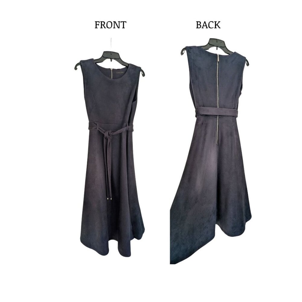 Calvin Klein Navy Faux Suede Sleeveless Midi Dress w/ Tie Waist